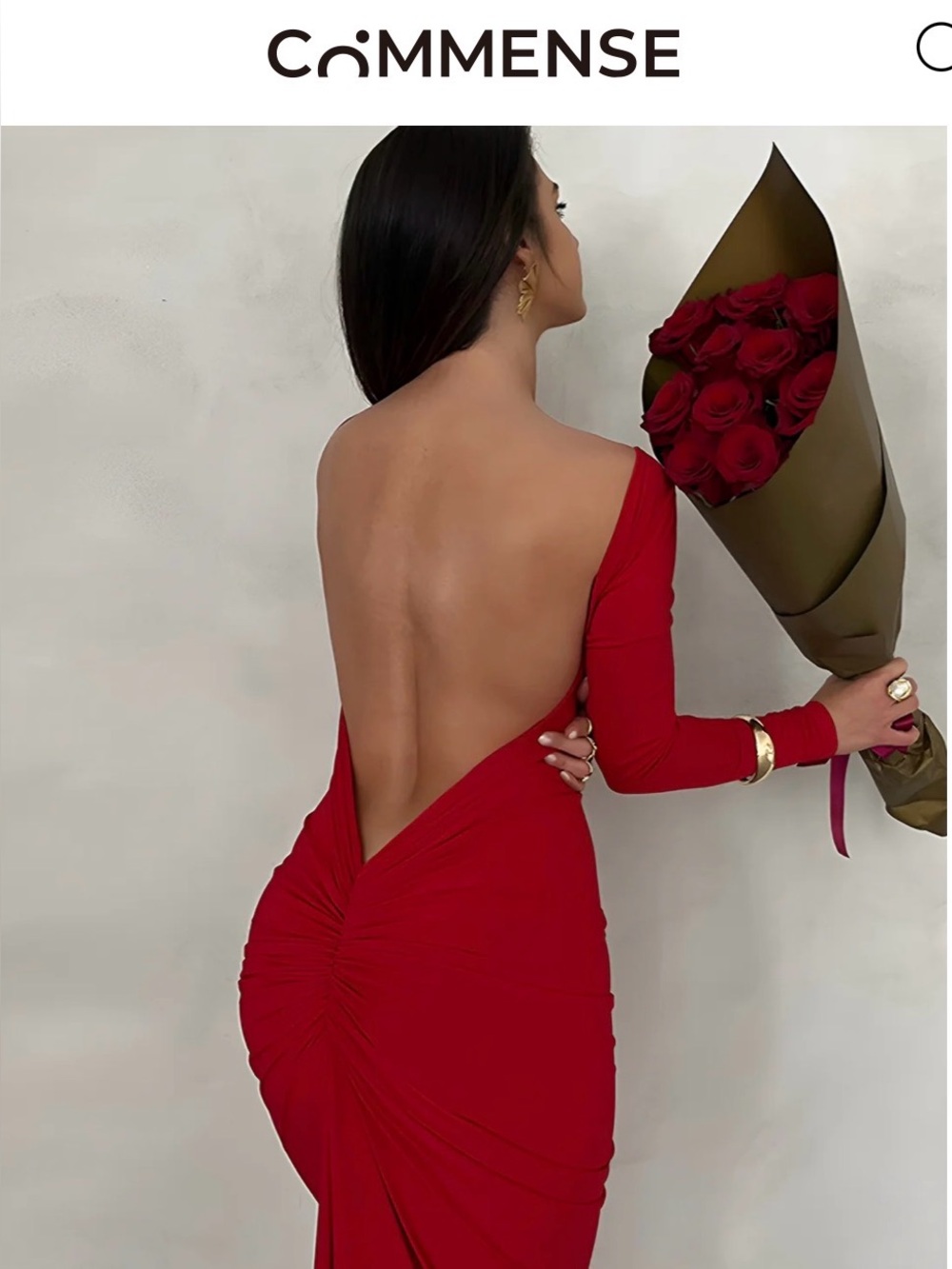 Commense Red Backless Ruched Long-Sleeve Gown